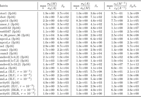 Table 3.1: Ratios and corresponding bounding quantities for a selection of matrices, where the LU factorization is computed in half precision or as an incomplete LU factorization or BLR factorization