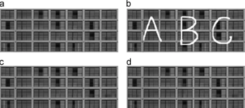 Fig. 4. Comparisons with LRTC on façade image: (a) the original image, (b) the original image with three uppercase letters as the missing parts shown in white, (c) the recovered image by TC-MLFM, and (d) the recovered image by LRTC.