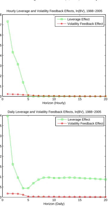 Figure 2. Leverage and volatility feedback effects in hourly and daily data using a bivariate autoregressive model (r, RV )