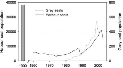 Fig. 1 Population trends of harbour seals (Reineking(potential abundance estimate for harbour seals in 1900 (afterReijnderssolid line) and grey sealsdotted line) in the Wadden Sea since 1960 as estimated from aerialcounts (data adapted from Reijnders 1992;