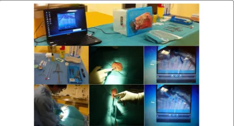 Fig. 1 Assembled model (lamb half chest wall attached to the box cover) with a webcam in the back of the box connected to the laptop, set on theworktable for chest tube insertion procedure and video-controlled assessment; sterile equipment for chest tube insertion; extra- and intrathoracic views(webcam view on the laptop screen) of the introduction of the Kelly clamp with closed points through the parietal pleura; participant locating thelandmarks for the incision site; extra- and intrathoracic views of the introduction of the chest tube with the Kelly clamp, directed upwards and forwards