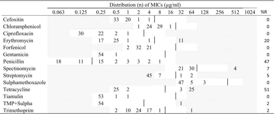 Table 6 MIC distributions and occurrence of resistance of Staphylococcus delphini (n = 55) isolates from Danish mink (2014–2016)