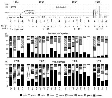 Figure 2. A review of absolute catches of adult fish per sampling, frequency of species in abundance and biomass of the assemblage, and number of species in the Kurfürst backwater in the 1994–1999 period
