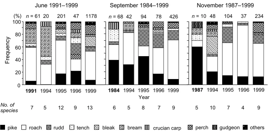 Figure 5. Comparison of adult fish assemblage composition available as cross-sections over months common for the current and previous studies performed before the restoration of the backwater (1984–1991 – in bold; Peňáz and Jurajda, 1993, 1994; Loyka, 1993