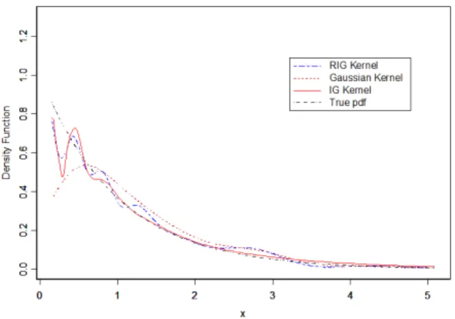 Figure 1: The RIG, IG and Gaussian kernel estimators of the density function for the simulated data of the exponential distribution