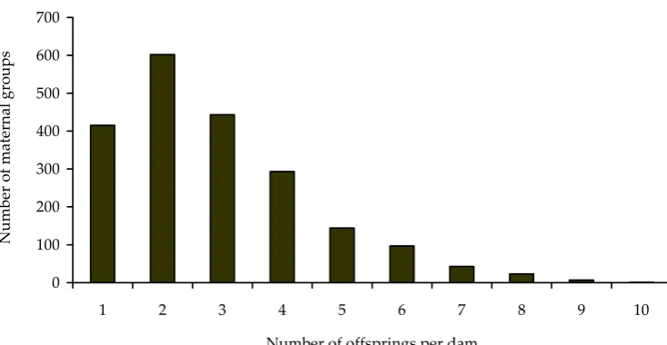 Figure 1. Empirical distribution of the number of offsprings per dam