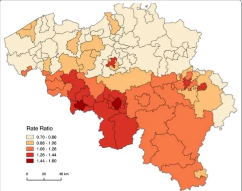 Fig. 1 Geographic distribution of all-cause Mortality Rate Ratios (MRRs) by sub-district, controlled for age (Belgium, 2001–2011)