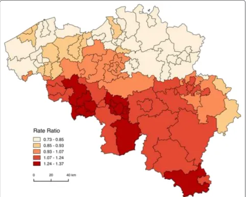 Fig. 2 Geographic distribution of all-cause Mortality Rate Ratios (MRRs) by sub-district, controlled for age and household position, after adjustmentfor individual socio-economic position (Belgium, 2001–2011)