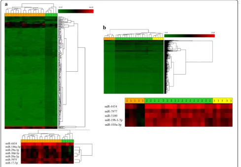 Fig. 1 (a) Unsupervised hierarchical clustering analysis of microRNAs differentially expressed between melanoma tissues andhealthyadjacent skin.Heatmap colors reflect the expression levels of microRNAs according to a color key (from green to red)
