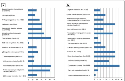 Fig. 2 Top 15 signaling pathways targeted by (a) upregulated microRNAs and (b) downregulated microRNAs in melanoma versus healthy adjacent skin