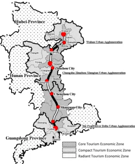 Figure 1. Schematic diagram of spatial structure of Tourism Economic Zone along Wuhan-Guangzhou HSR