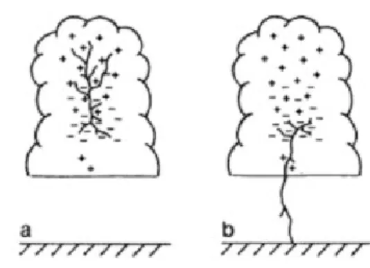 Figure 1.1: Tripole structure in a thunderstorm with a.) in-cloud lightning b.) cloud- cloud-to-ground lightning (Krehbiel 1986)