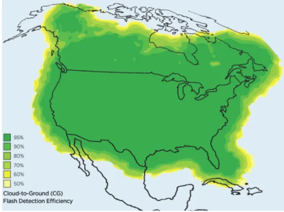 Figure 2.11: Map of estimated CG lightning detection efficiency of the NLDN (Buck et al
