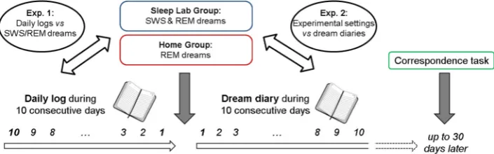 Fig. 1. Design of experiments. Experiment 1 – participants kept a daily log for 10 days before having dream reports collected during one night in the sleep laboratory or athome