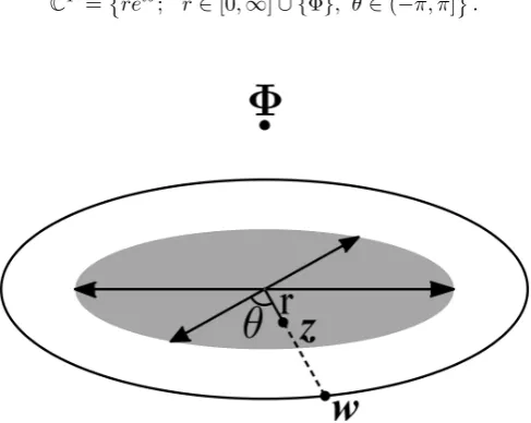 Fig. 1. Transcomplex plane showing z = reiθ with r ﬁnite and w = ∞eiθ