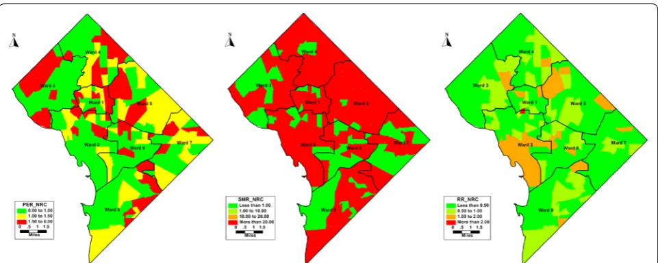 Fig. 3 Maps of simple rates (left), raw SMRs (left) of not retained in any care compared to smoothed Relative Risks from Poisson log normal model (right) in District of Columbia (2010–2015)