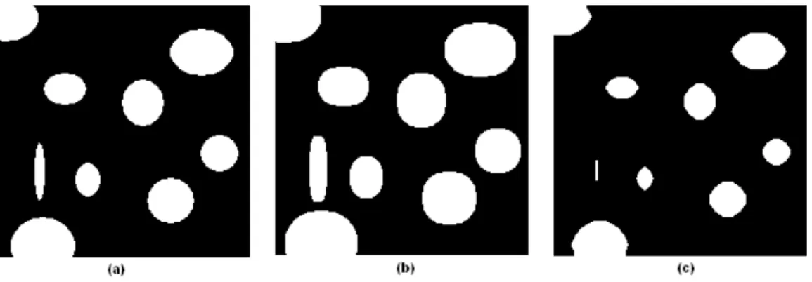 Figure 2.6: Result (a) shows the original binary image image (200x200 pixels), (b) shows the results of applying a dilation operation with a 7x7 pixel structuring element and (c) shows the results of applying a erosion operation with a 7x7 pixel structurin