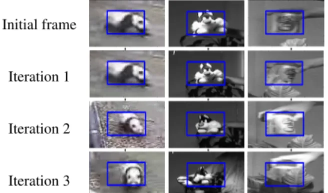 Figure 4. On the top, we show the initial labeled frame for 3 videos. In the next 3 rows, we show specific examples that are added over 3 iterations of offline learning