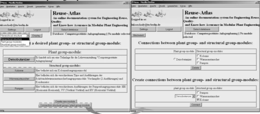 Fig.  3.  Hierarchical  (modular)  structure  (left  hand  side)  as  well  as  definition  of  connections  between plant group- and structural group-modules within a chosen data base (right hand side) 