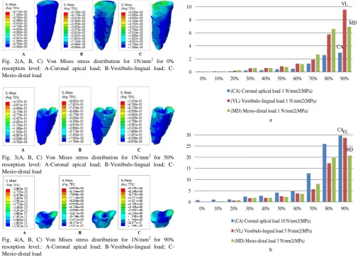 Fig. 3(A, B, C) Von Mises stress distribution for 1N/mm 2 for 50% resorption level: A-Coronal apical load; B-Vestibulo-lingual load; C-