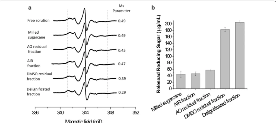 Fig. 5 treated fractions. The dash lines indicate the spectral lines in BsCel5A‑RtCBM11a Measured spectra of BsCel5A‑RtCBM11Y151R1 in solution, and in the presence of different fractions of milled sugarcane bagasse or pre‑Y151R1 spectra that are indicative