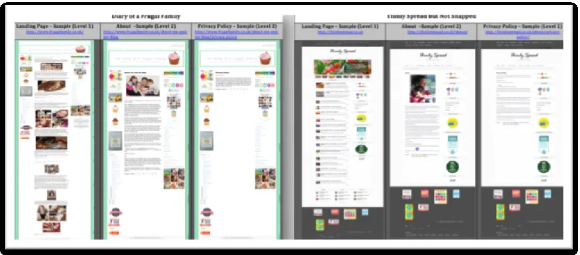 Figure 4  Screen captures of the two sampled blogs: homepage, second and third screens ‘down’    