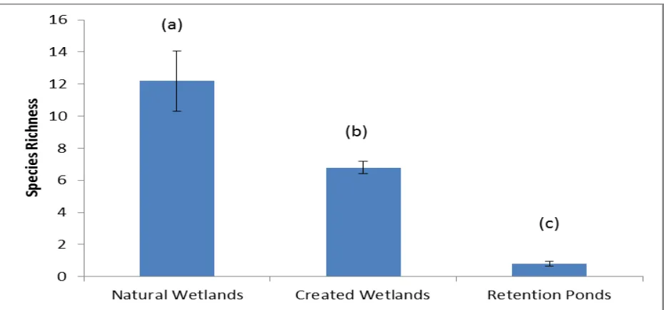Figure 3.  Average % of vegetation cover for natural wetlands, created wetlands, and stormwater retention ponds