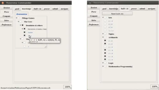 Figure 2: Graphical support for the ‘Prove’-activity: the knowledge browser (left) and the built-in browser (right).