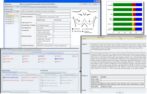Figure 2Composite screenshot showing the user interface and some of the functionalities of MATE (Multidisciplinary meetingAssistant and Treatment sElector)