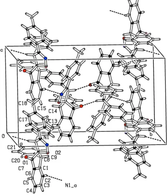 Figure 2Partial crystal packing for the title compound showing molecules linked by hydrogen bonds as dashed lines