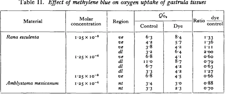 Table II. Effect of methylene blue on oxygen uptake of gastrula tissues
