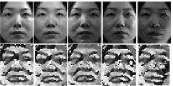 Fig. 5   Sample images for a subject of the Asian Face Database with  frontal images but various illumination conditions (from bright to dark) (upper row) and the corresponding Gradientfaces processed images (lower row)  