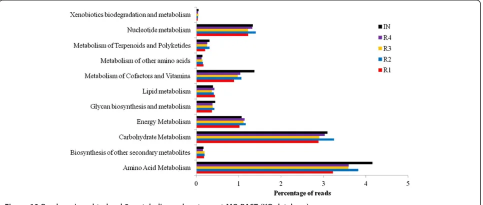 Figure 10 Reads assigned to level 2 metabolism subsystems at MG-RAST (KO database).