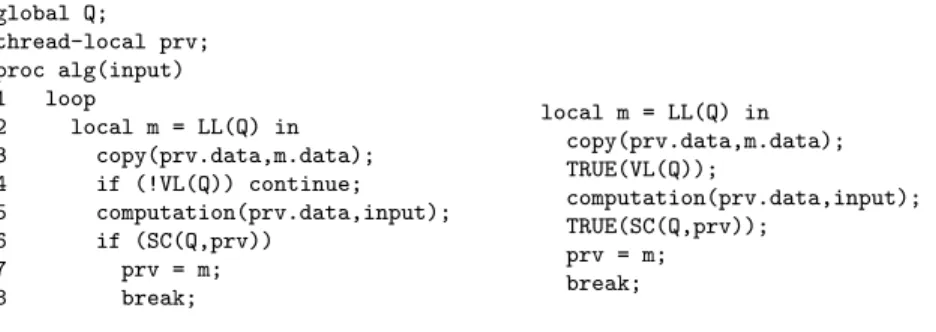 Figure 3: Herlihy’s non-blocking algorithm for small objects. Its exceptional variant, defined in Section 5.2.1, is shown on the right.