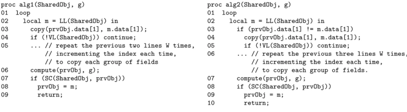 Figure 8: Gao and Hesselink’s non-blocking algorithm for large objects: Algorithms 1 and 2