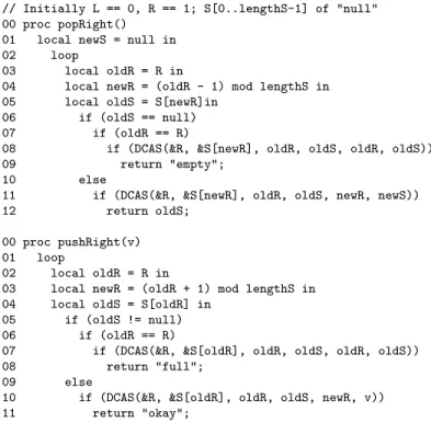 Figure 11: The array-based double-ended queue using DCAS. Variable R and array S are shared.