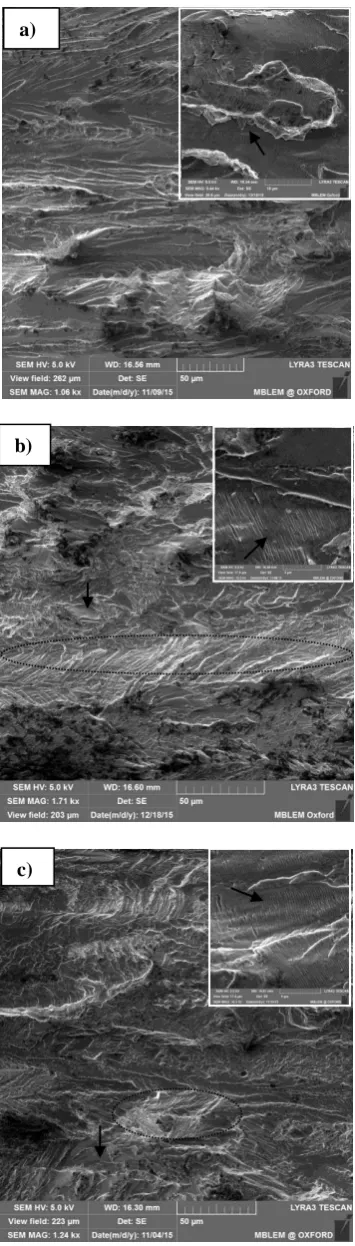 Fig 3. SEM fractographs in the near-threshold regime of the alloy in the  three conditions (a) T7451 and (b) T6I4-65 and (c) RRA (crack propagation direction is from left to right)