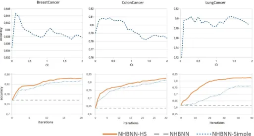 Figure 3: Accuracy of our approach, NHBNN-HS as function of: (i) α, i.e., the parameter controlling the contribution of N k0 (x ∗ ) to the certainty score (in the top), and (ii) the number of self-training iterations (in the bottom)
