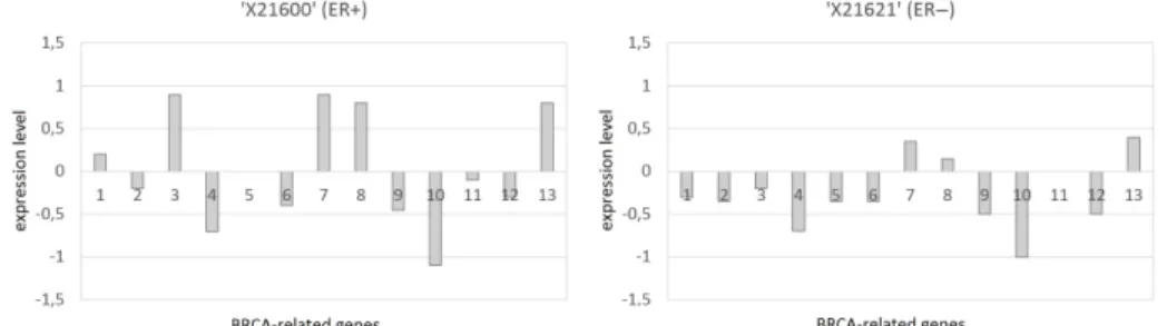 Figure 4: Excerpt from the gene expression profiles of two characteristic patients (hubs) of the Breast Cancer dataset.