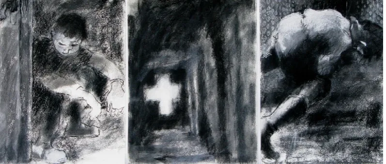 Figure and destroyed city 
