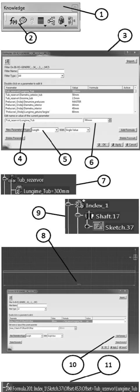 Fig. 11. CATIA software screenshots, showing needed steps for programming a parameter 