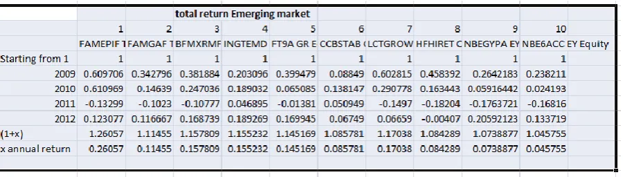 Table 4.8: Table showing the total return on Emerging Market fund (Source: Authors compilation)