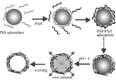Figure 1.6  Polyelectrolyte capsule formation. [68]  © 2004 Wiley-VCH Verlag GmbH &amp; Co