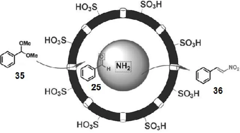Figure 1.9  Compartmentalized cascade reaction in a yolk-shell nanoreactor. [76]  © 2012  Wiley-VCH Verlag GmbH &amp; Co