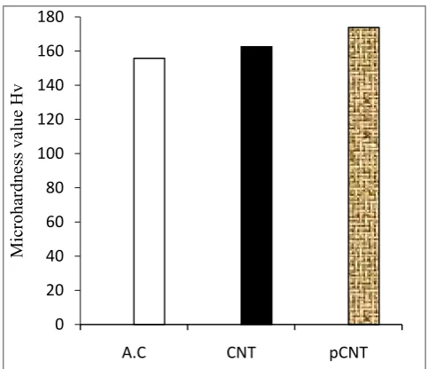 Fig. 4. Comparison between the Vickers microhardness obtained for amorphous carbon, CNT and pCNT 
