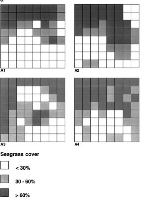 Fig. 6 Seagrass cover at controls (a former exclosure plots (A1–4) and bC1–4). Grid size 20 cm, mapped 21August 1998