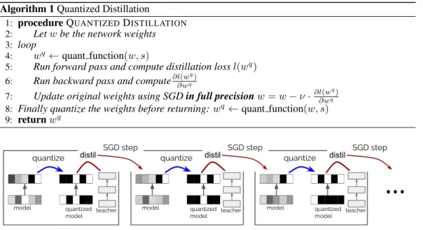 Figure 1: Depiction of the steps of quantized distillation. Note the accumulation over multiple steps of gradients in the unquantized model leads to a switch in quantization (e.g