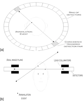 Figure 2: PET imaging detection system. (a) Transaxial view. (b) Anterior viewshows how radio-nuclides in a particular cross-sectional plane will be detected bythe rings of detectors [4].