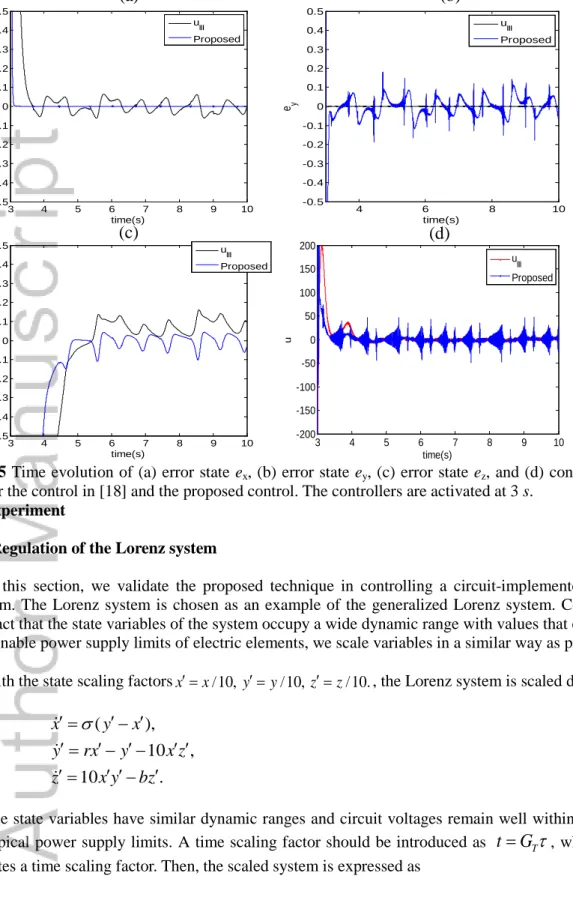Fig. 5 Time evolution of (a) error state e x , (b) error state e y , (c) error state e z , and (d) control inputs  under the control in [18] and the proposed control