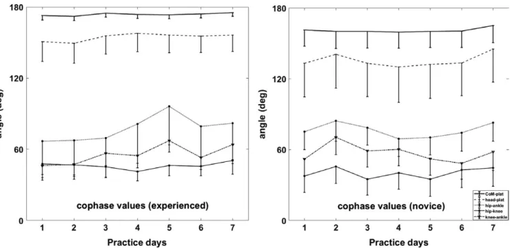 FIGURE 4  Group mean of cophase of pairwise couplings of experienced and novice groups (error bar between subjects’ standard deviation)  across practice days